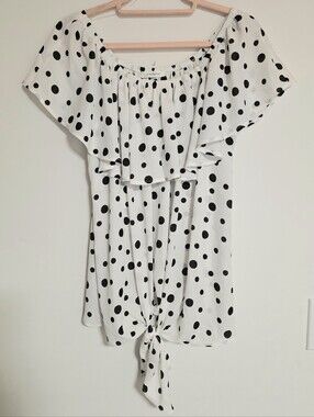 Cherish Polka Dot Off The Shoulder Top Ruffle Flutter Neckline Front Tie Medium